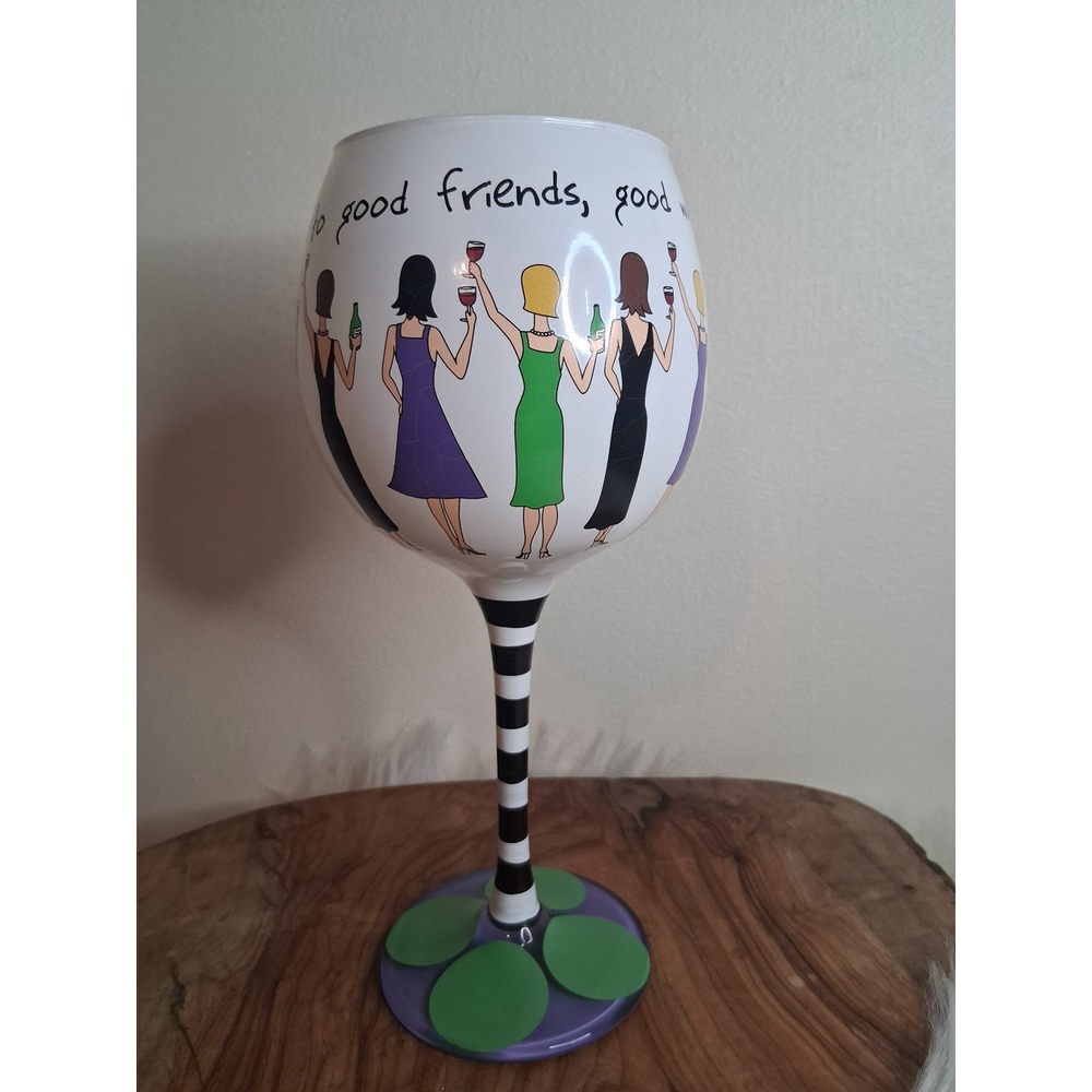 Mud Pie Cheers to Good Friends Hand Painted Wine Glass Striped Stem Goblet